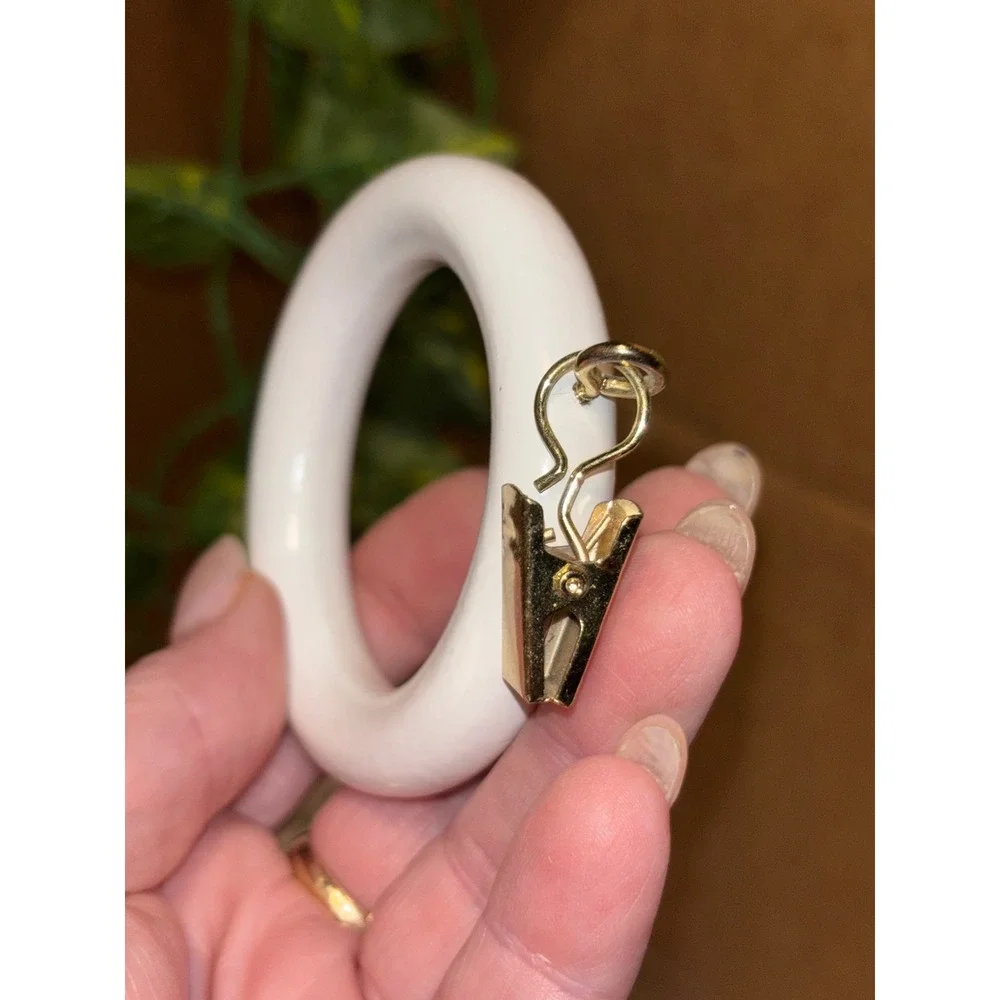 14pc White Wood Curtain Rings Gold Alligator Clips 2 Inch Inner Diameter Set